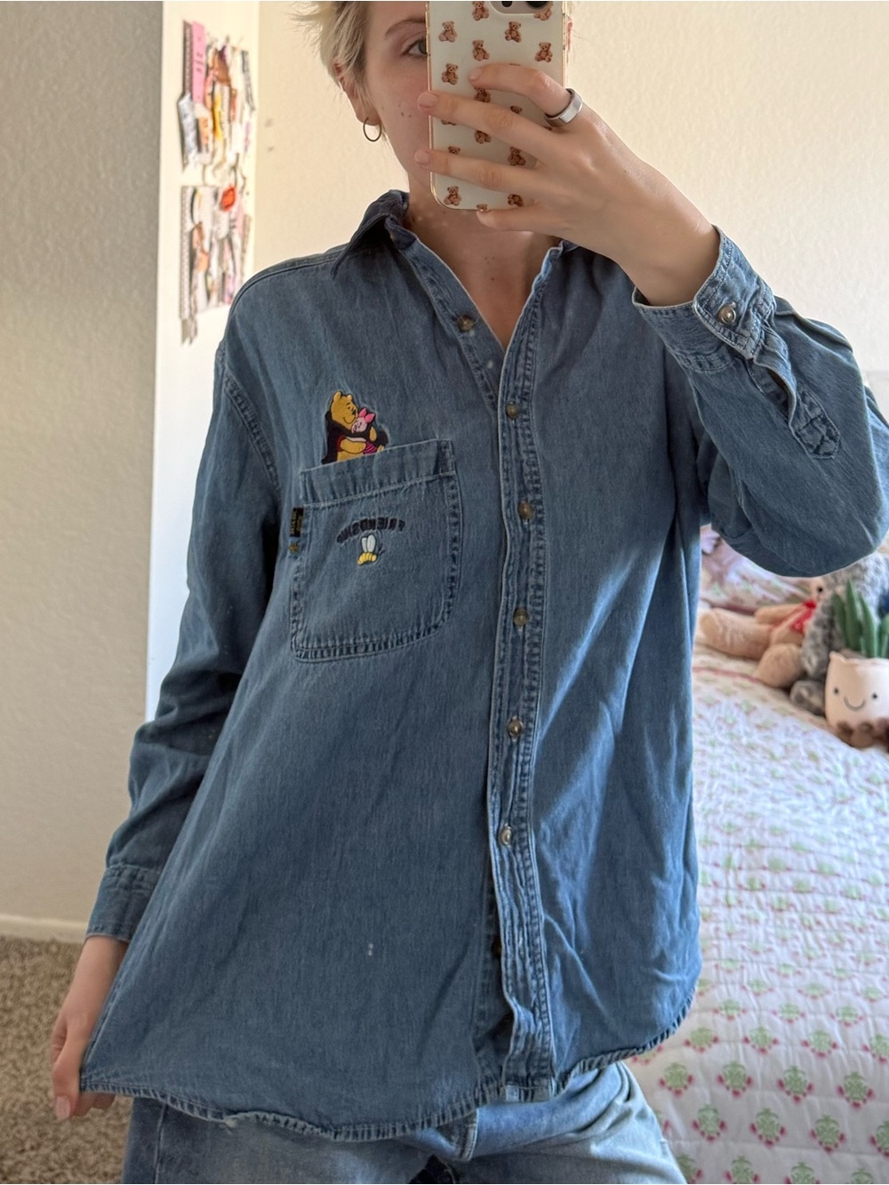 Disney Light Blue Denim Button-Up Shirt with Winnie the Pooh Embroidery